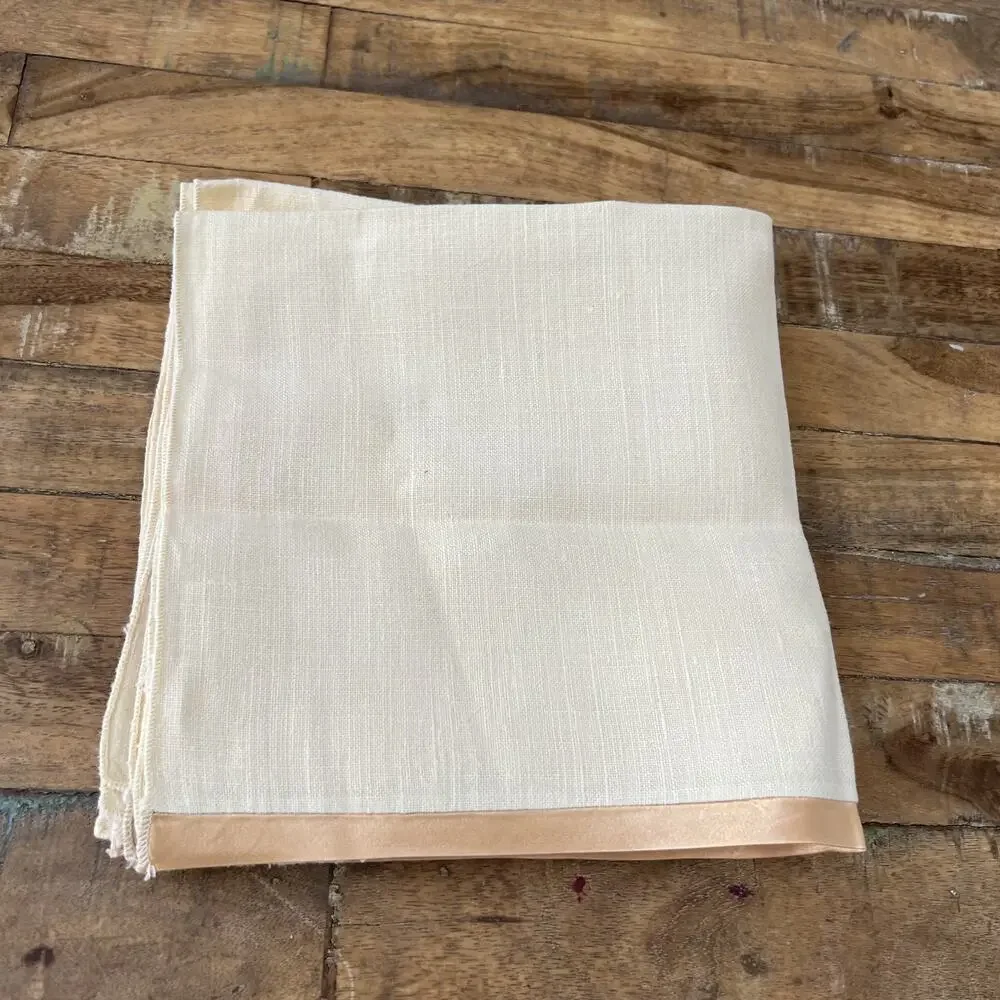 Linen Square Napkins 16 x 17 Set of 3 Cream Color w Satin Trim